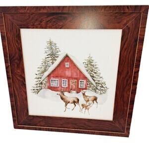Winter Red Barn Snow Deer Pine Trees 15.5" Has Cord Hanger
